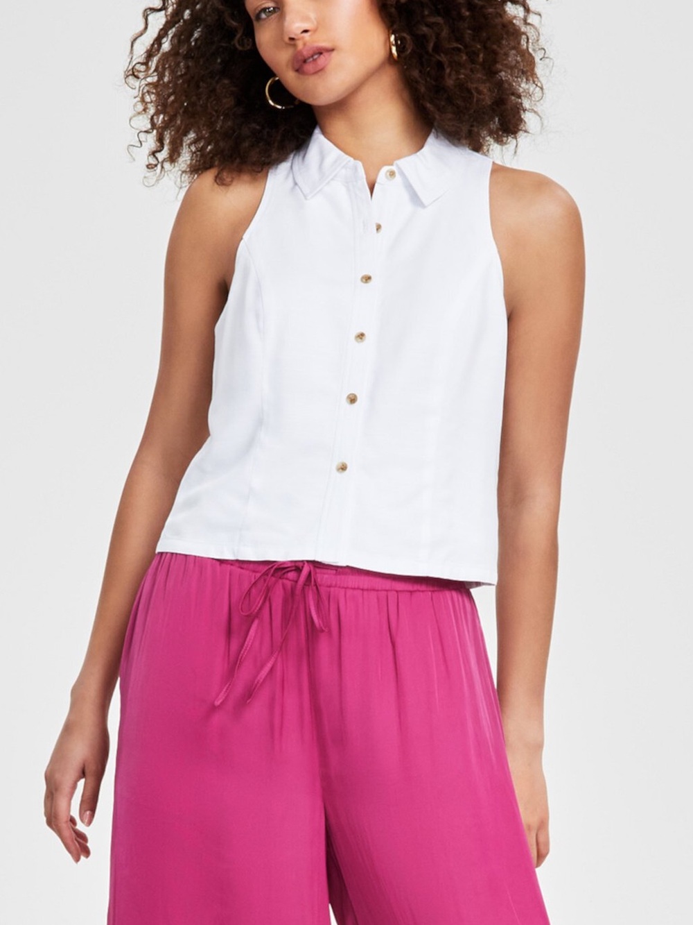 Bar III Women's Collared Button-Front White Sleeveless Top Medium